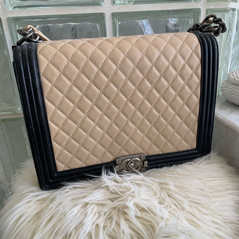 Chanel Beige & Black Large Boy Quilted Flap Bag